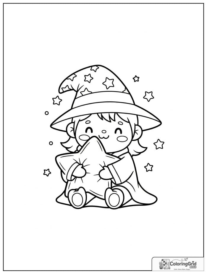 Wizard Coloring Pages showing a wizard hugging a star pillow.