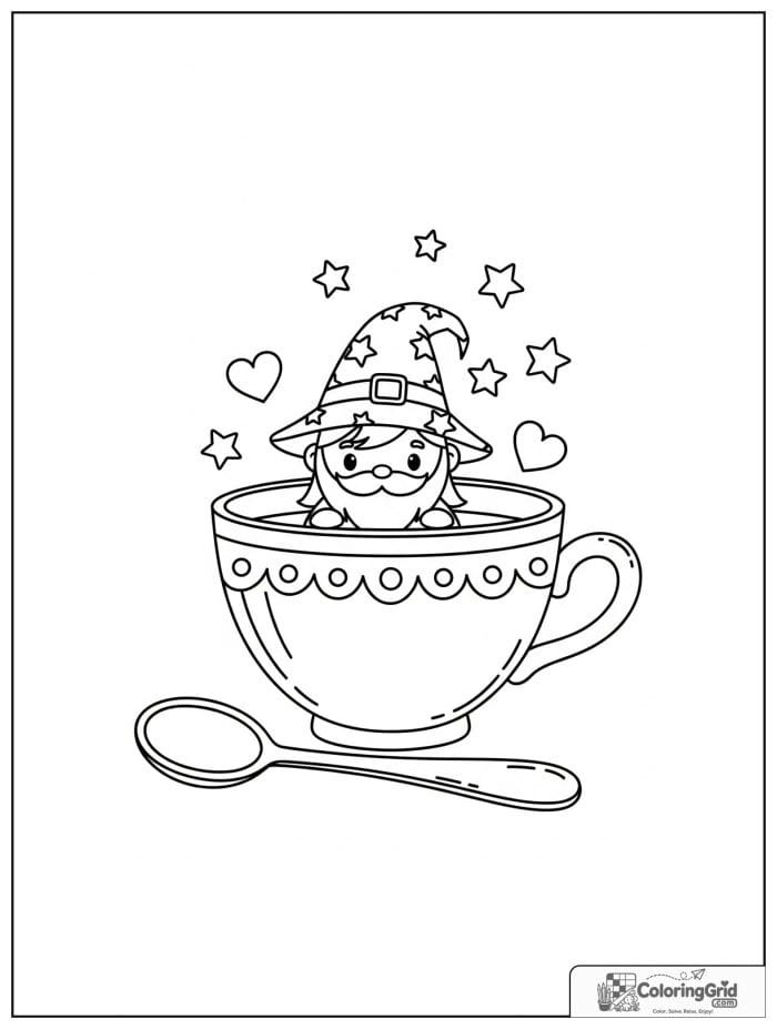Wizard Coloring Pages featuring a tiny wizard in a teacup.