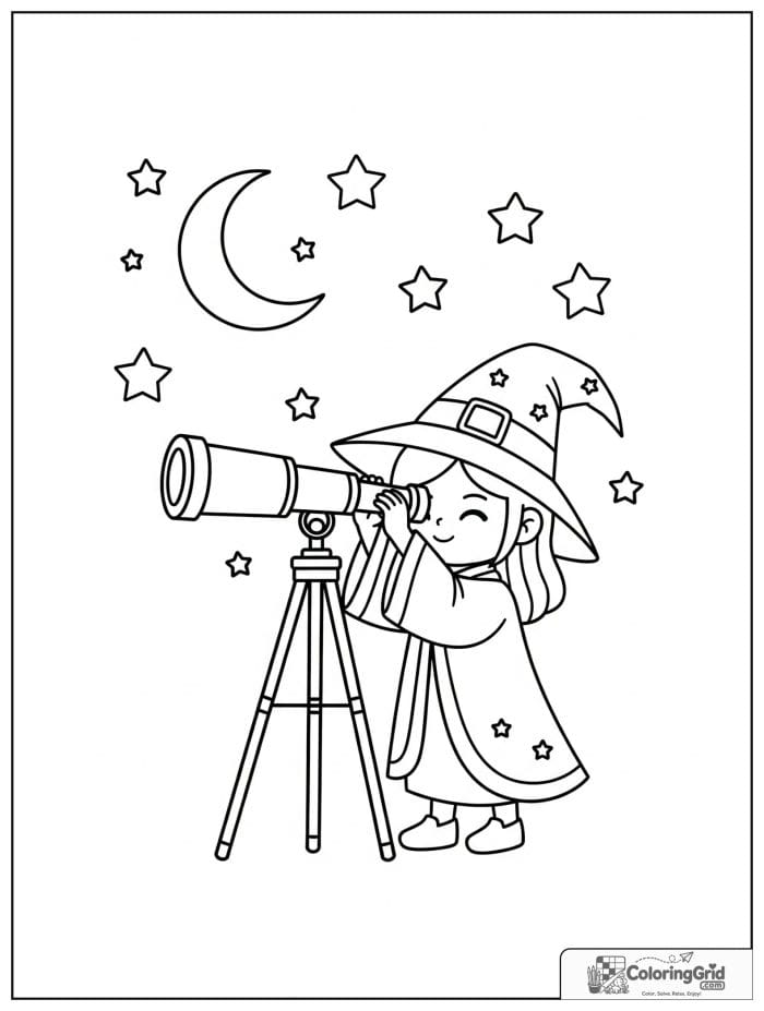 Wizard Coloring Pages showing a wizard looking through a telescope.