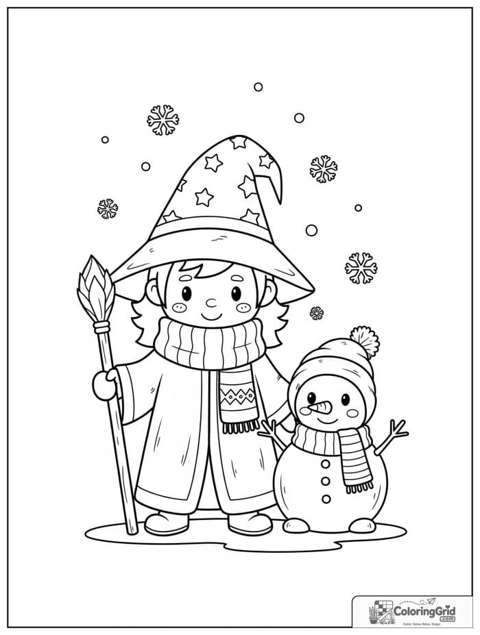 Wizard Coloring Pages featuring a wizard making a snowman.