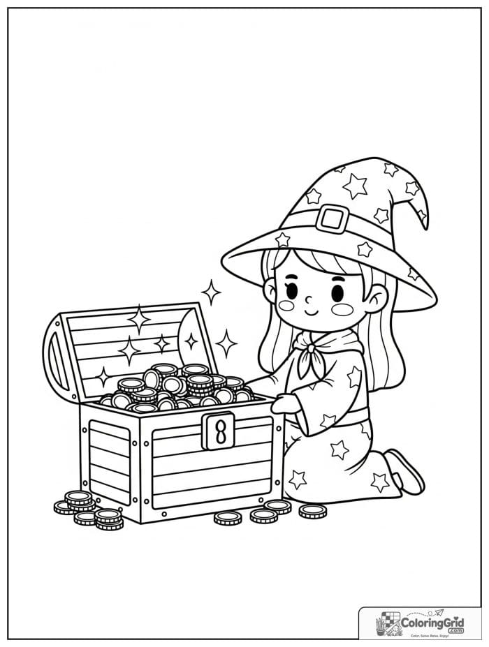 Wizard Coloring Pages featuring a wizard opening a treasure chest.