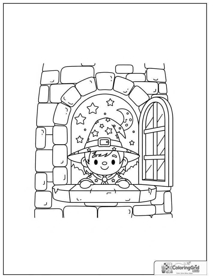 Wizard Coloring Pages showing a wizard peeking from a tower window.