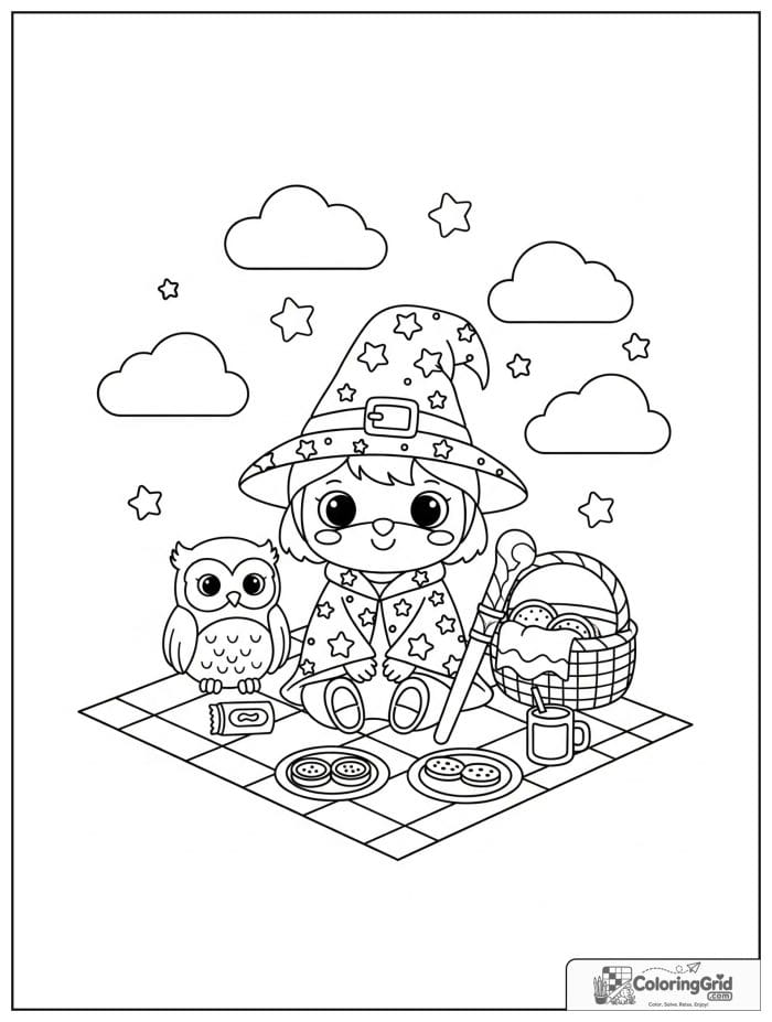 Wizard Coloring Pages featuring a wizard picnic with an owl.