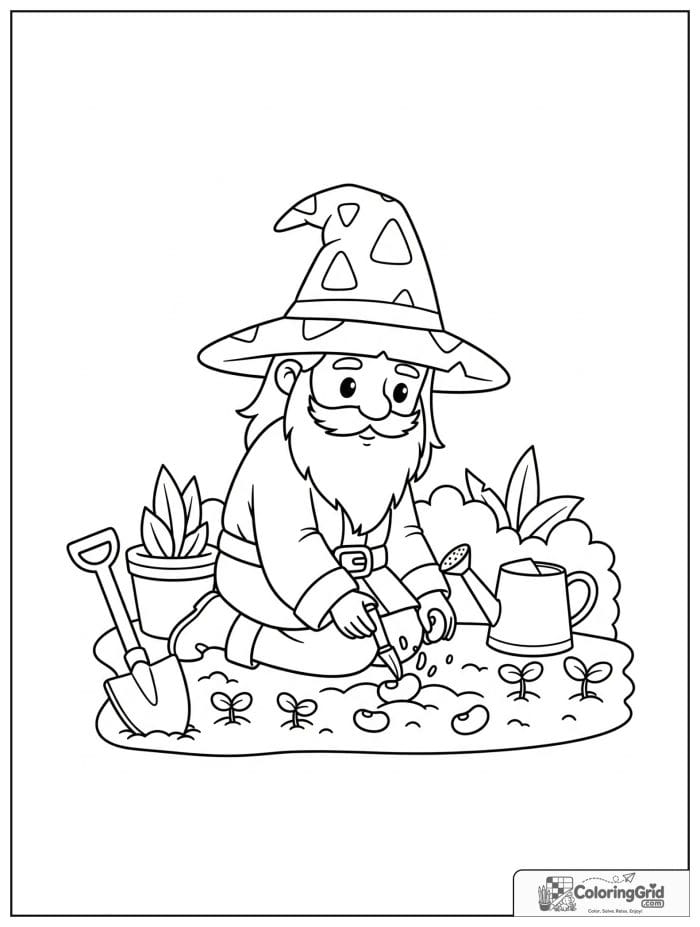 Wizard Coloring Pages showing a wizard planting magic beans.