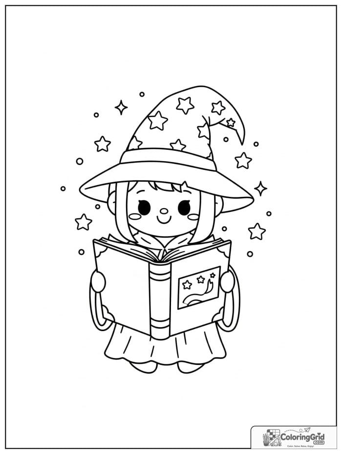 Wizard Coloring Pages showing a wizard reading a spell book.