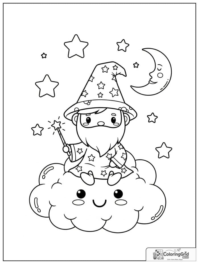 Wizard Coloring Pages showing a wizard riding a friendly cloud.