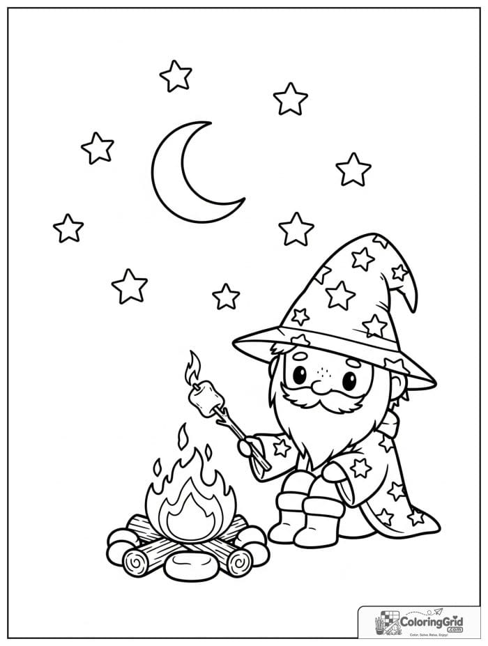 Wizard Coloring Pages featuring a wizard roasting a marshmallow.