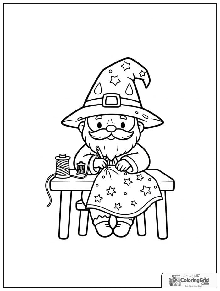 Wizard Coloring Pages showing a wizard sewing a star cloak.