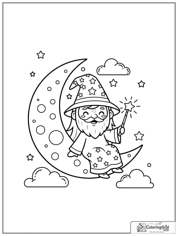 Wizard Coloring Pages featuring a wizard sitting on the moon.