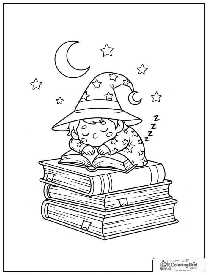 Wizard Coloring Pages showing a wizard sleeping on a stack of books.
