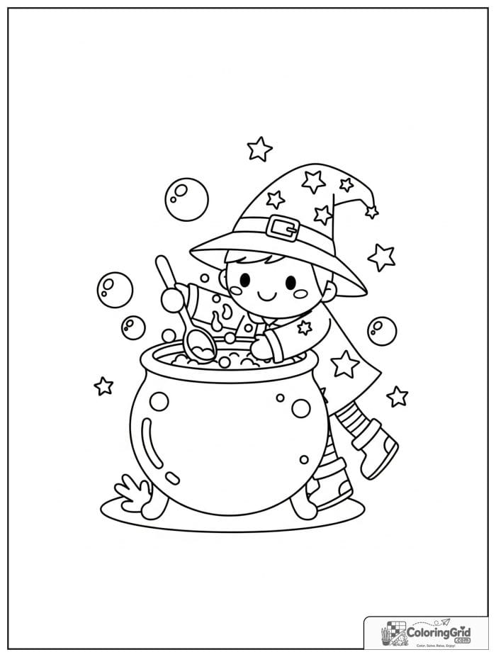 Wizard Coloring Pages showing a wizard stirring a cauldron.