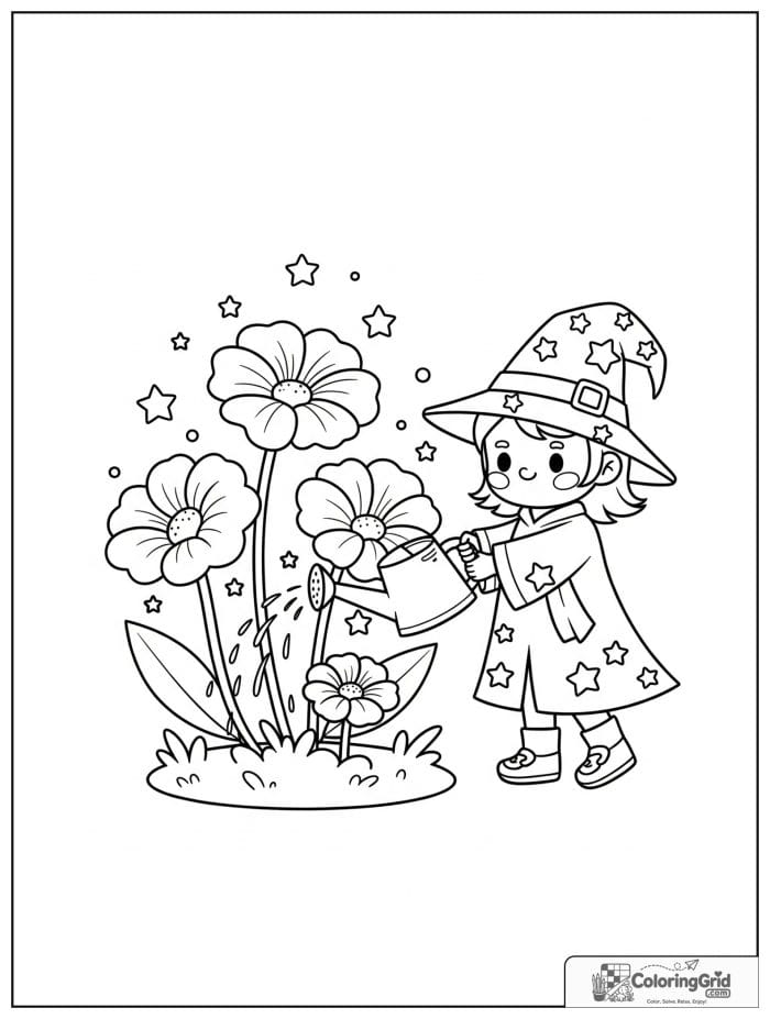 Wizard Coloring Pages featuring a wizard watering magic flowers.