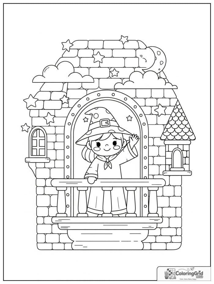 Wizard Coloring Pages featuring a wizard waving from a balcony.