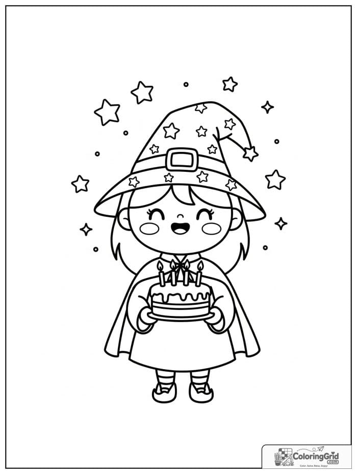 Wizard Coloring Pages featuring a wizard with a birthday cake.