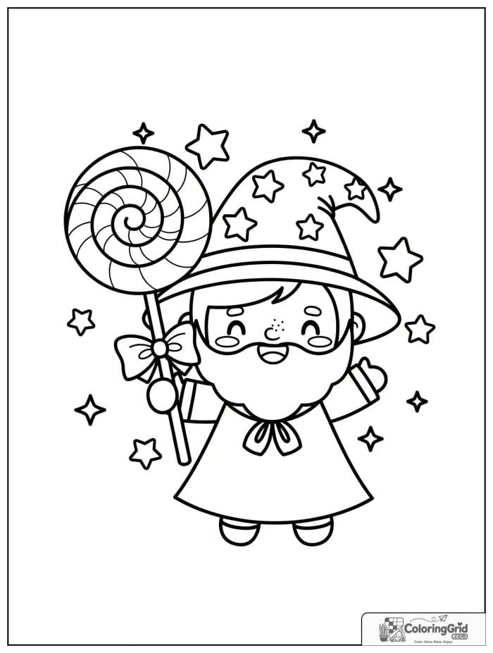Wizard Coloring Pages featuring a wizard holding a lollipop.