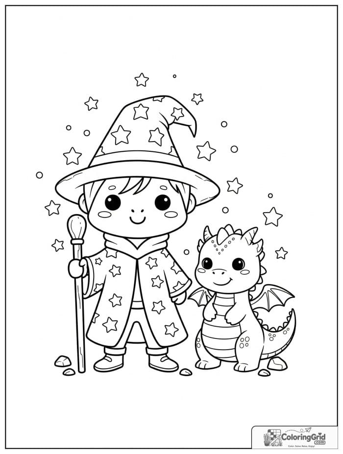 Wizard Coloring Pages showing a wizard with a baby dragon friend.