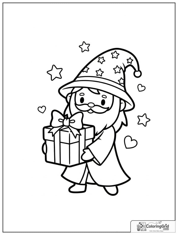 Wizard Coloring Pages showing a wizard with a gift box.