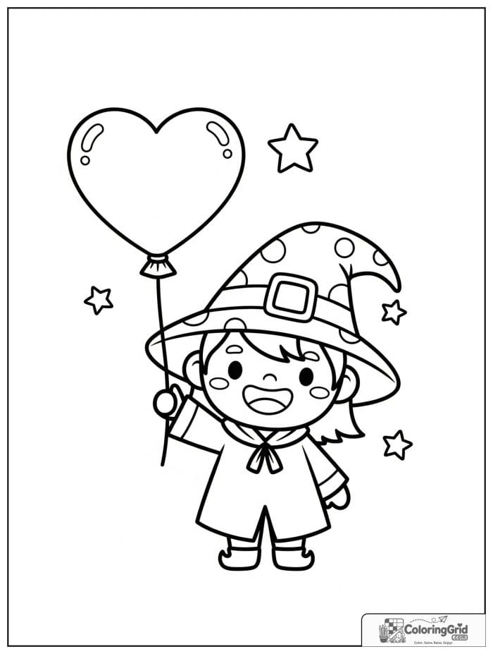 Wizard Coloring Pages featuring a wizard with a heart balloon.