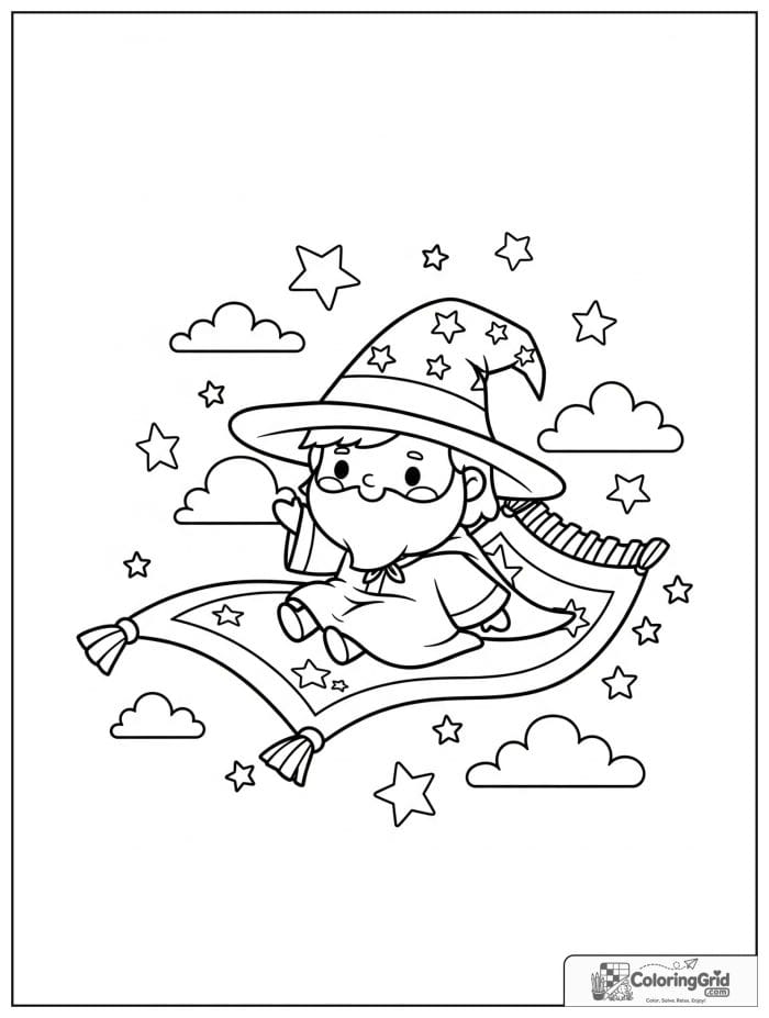 Wizard Coloring Pages showing a wizard on a magic carpet.