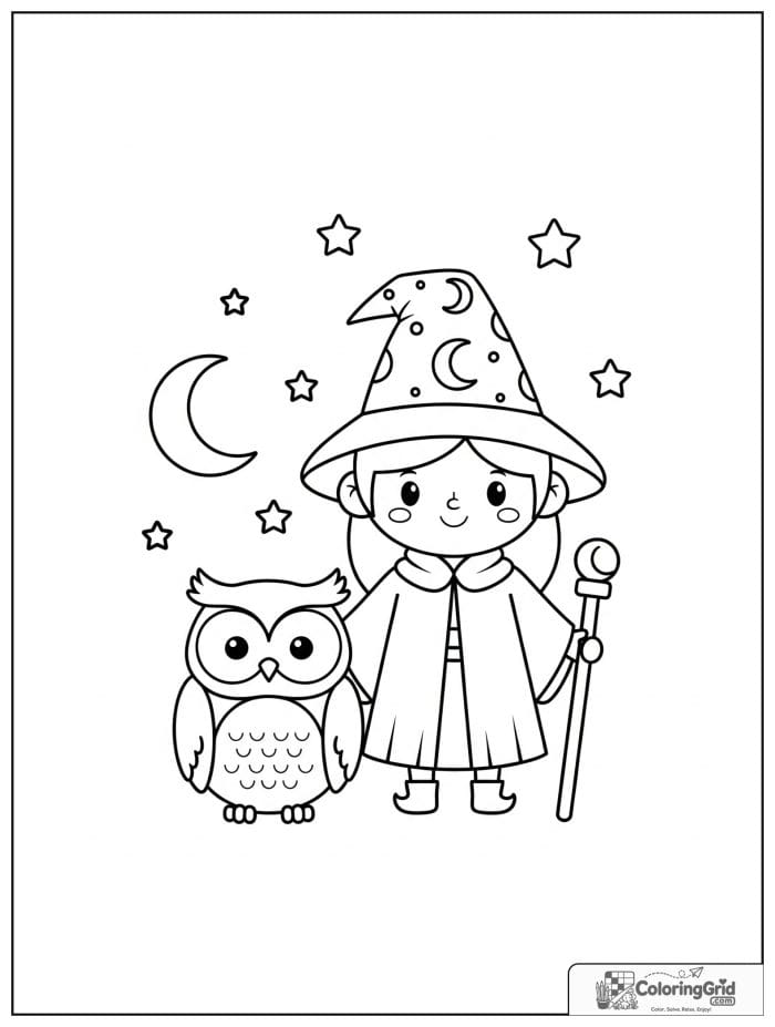 Wizard Coloring Pages featuring a wizard with an owl friend.