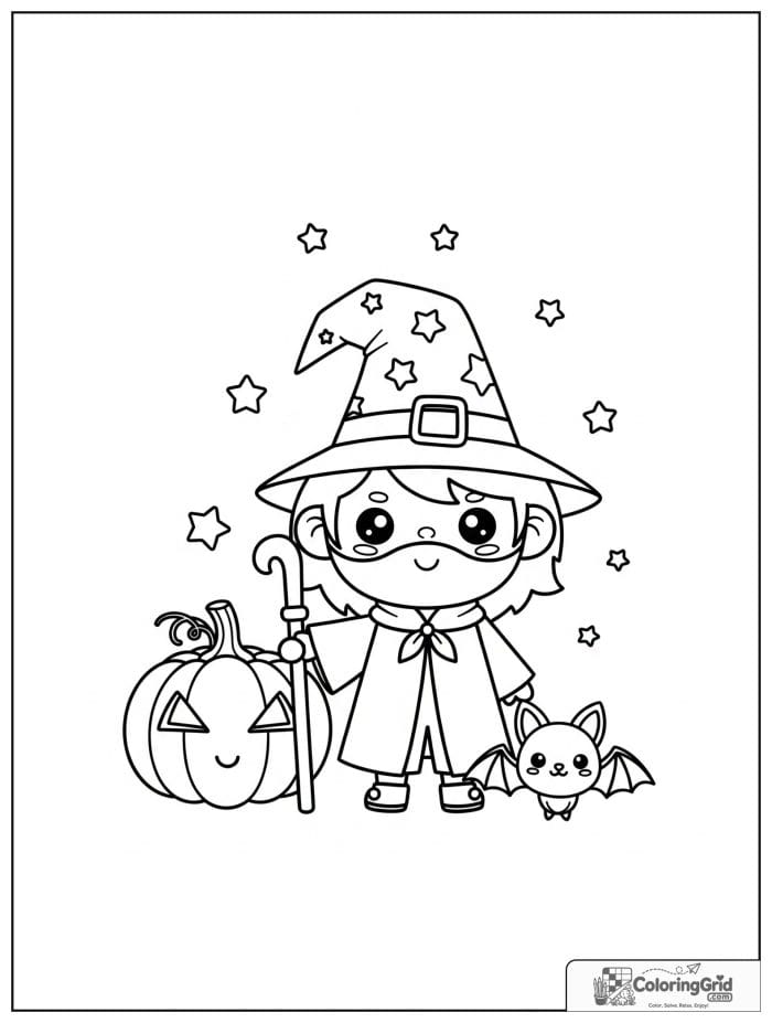 Wizard Coloring Pages featuring a wizard with a pumpkin and bat.