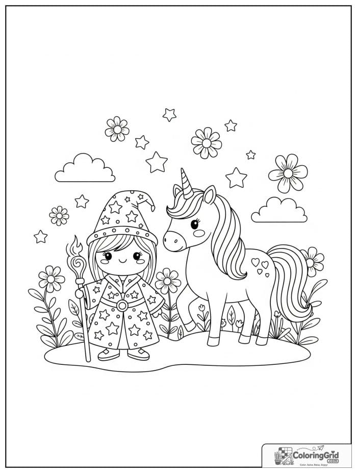 Wizard Coloring Pages featuring a wizard with a unicorn.