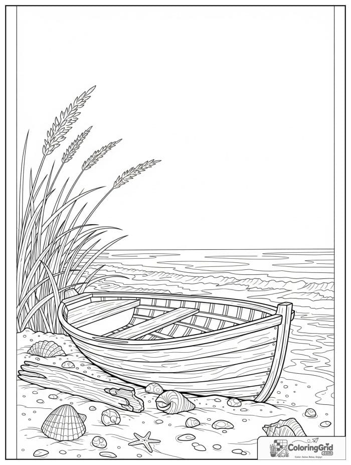 Boat coloring page featuring a wooden boat resting on the beach.