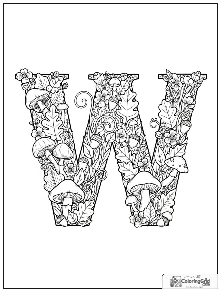 Woodland letter W adult alphabet coloring design with forest details