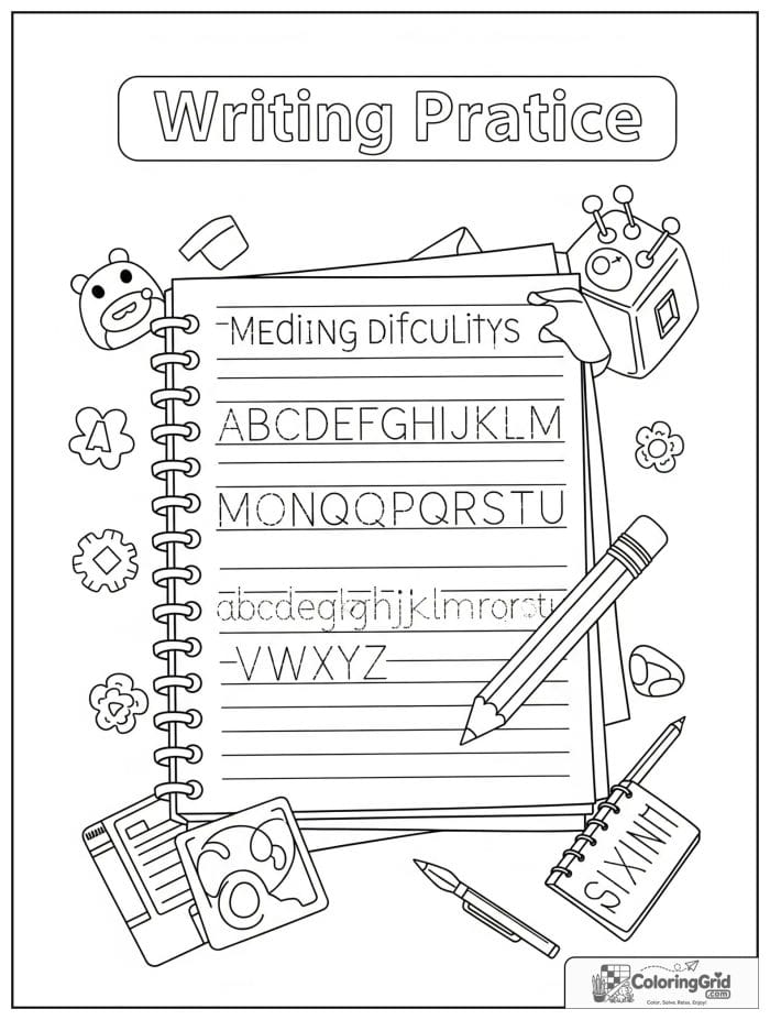 Back to school coloring page featuring a writing practice notebook.