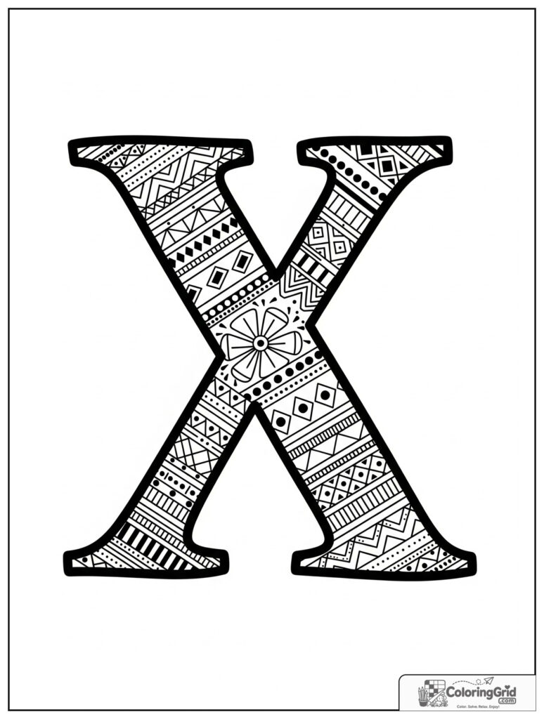 Patterned letter X adult alphabet coloring design with diamonds