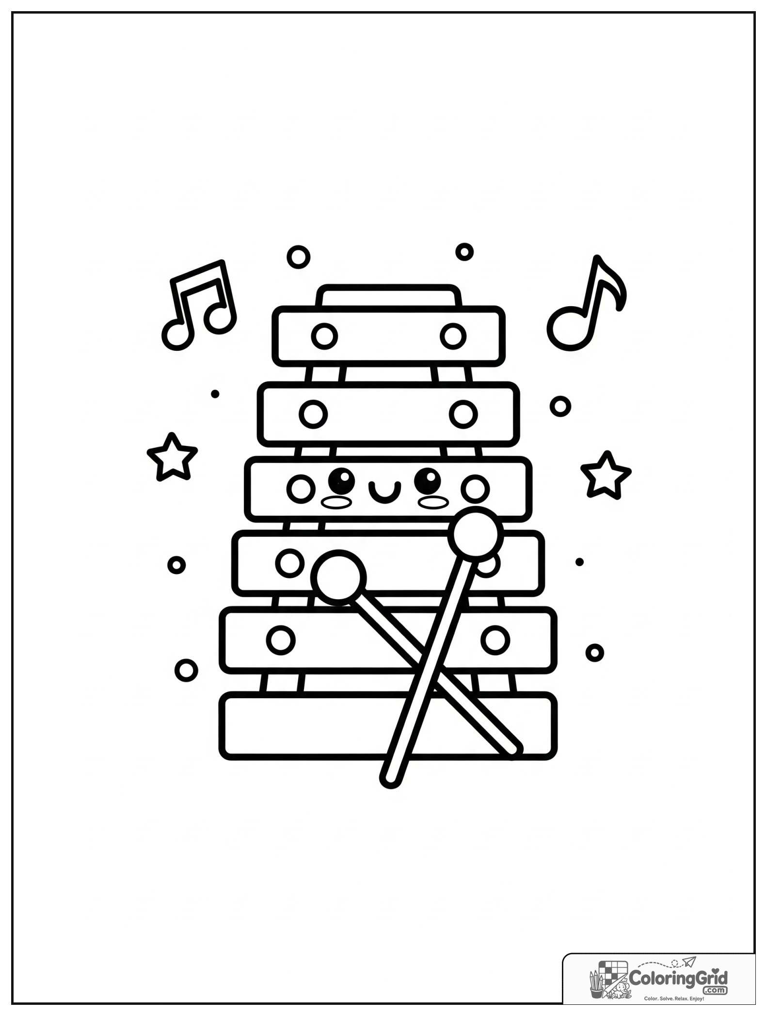 Cute smiling xylophone with mallets and small music note decorations.