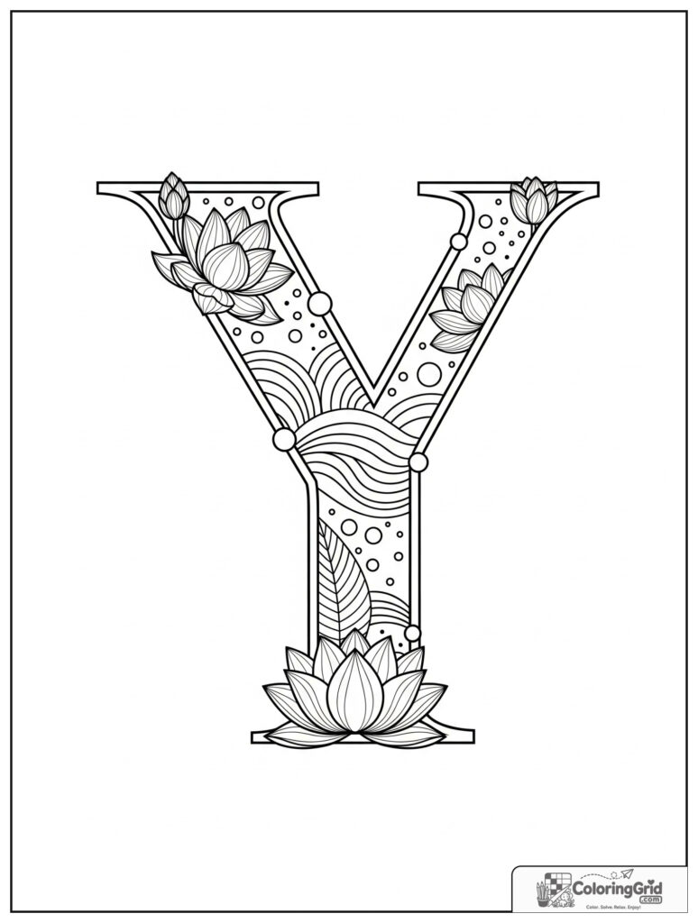 Lotus letter Y adult alphabet coloring design with calm decorative details