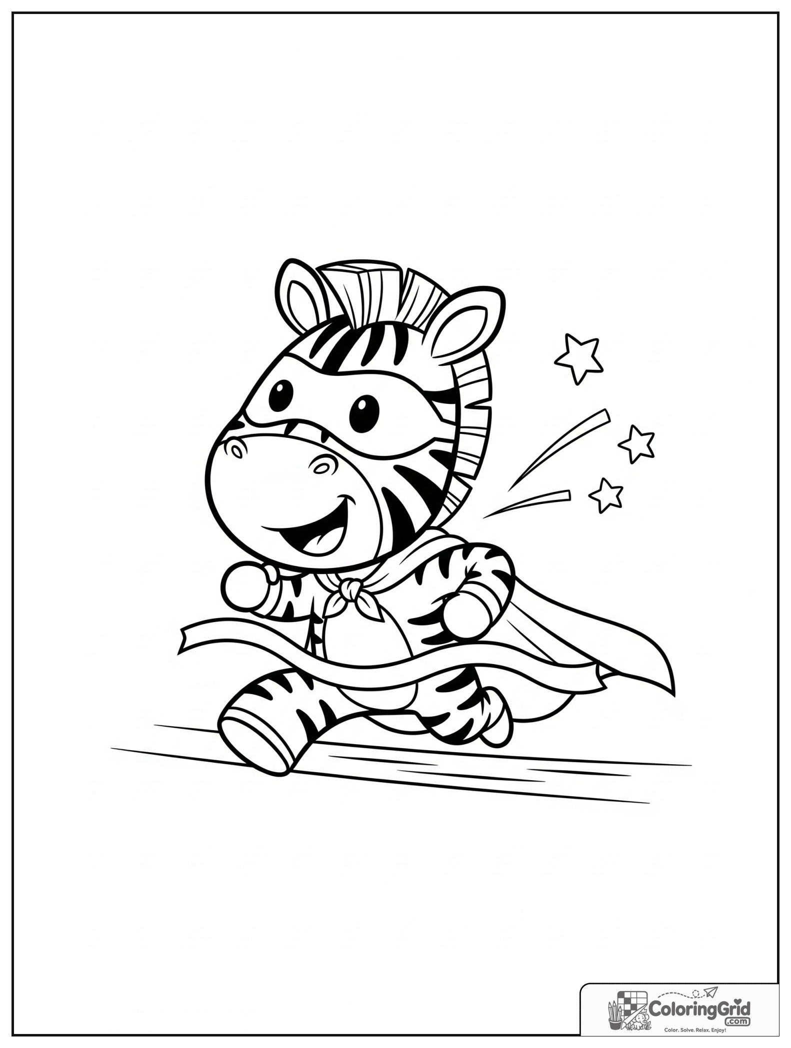 Cute zebra superhero at a finish line with small motion and star details.