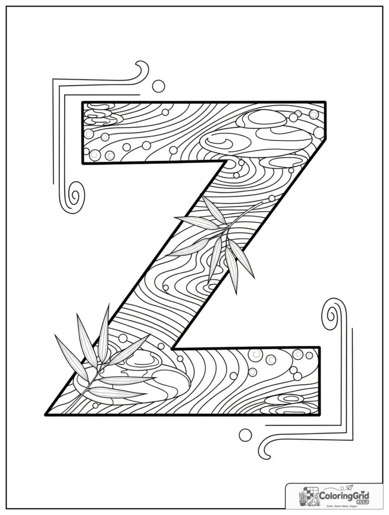 Zen letter Z adult alphabet coloring design with garden pattern