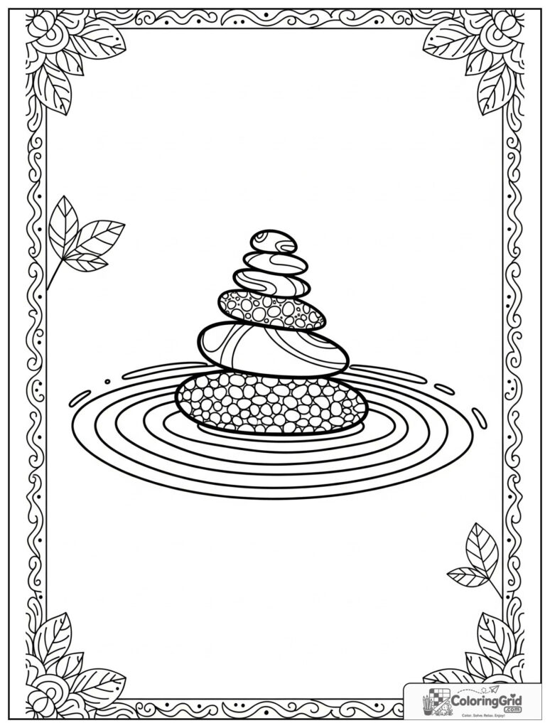 Zen stone balance mindfulness mandala with ripple rings and doodles