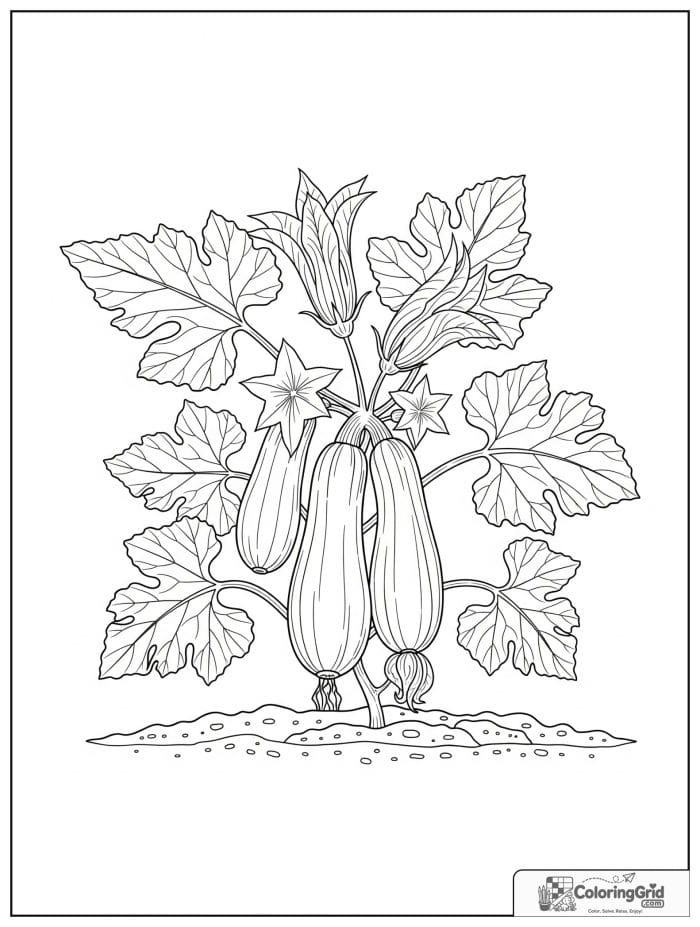Vegetable coloring page featuring a zucchini plant with blossoms.