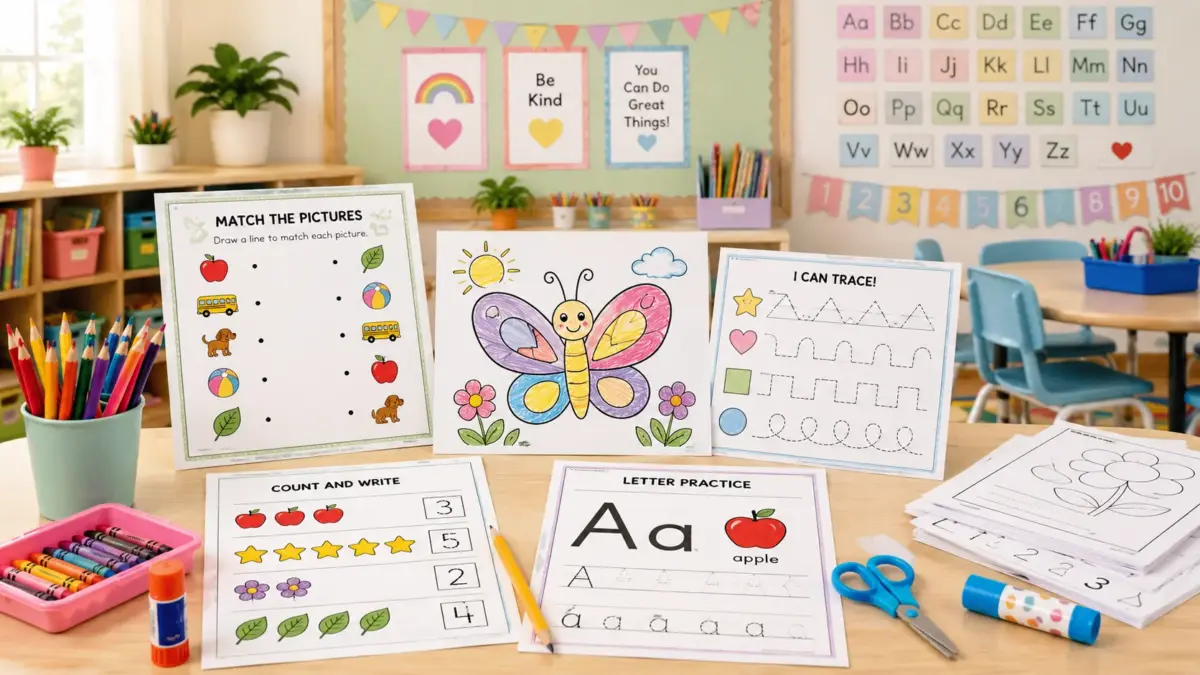 classroom activities using printables, Colorful classroom table with printable worksheets, crayons, pencils, tracing pages, matching activities, and simple lesson printables.