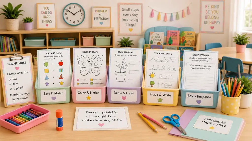 Teacher table with organized printable activity trays labeled sort and match, color and notice, draw and label, trace and write, and story response.