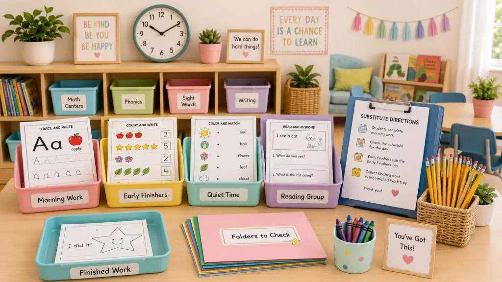 Organized classroom routine station with labeled bins for morning work, early finishers, quiet time, reading group, and finished work printables.