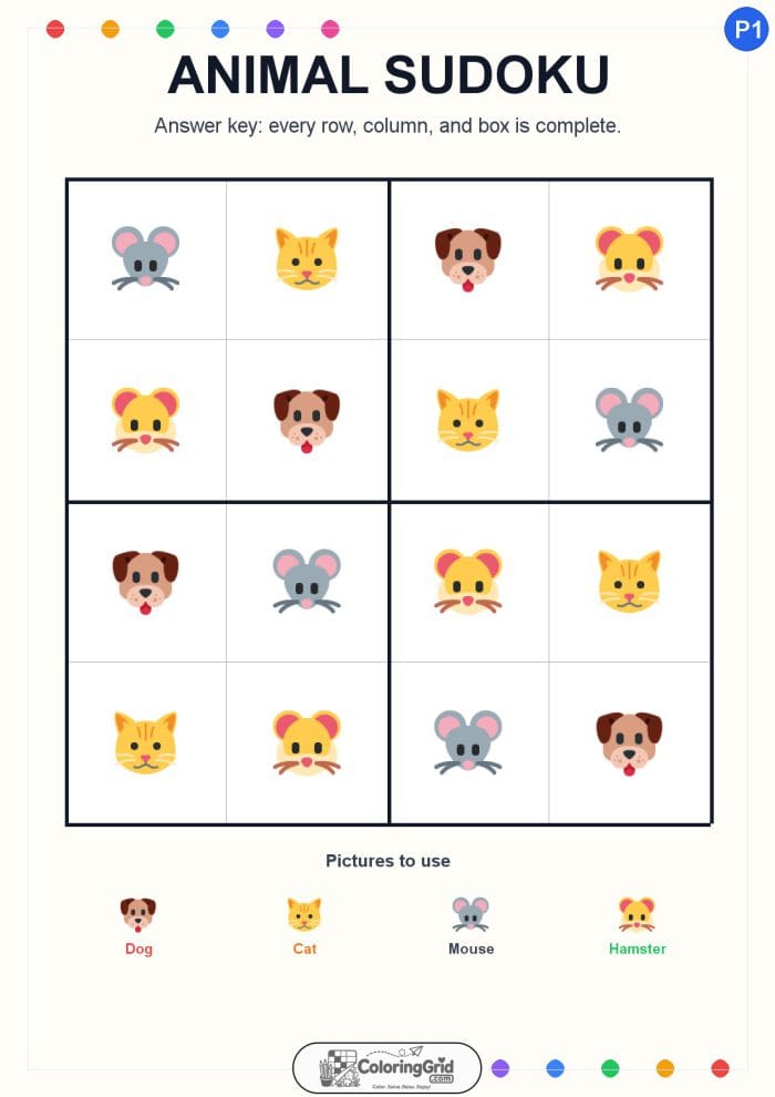 Animal Sudoku 4x4 Puzzle 001 - ANSWER