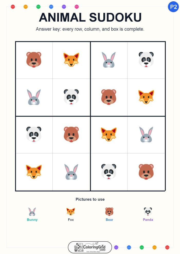 Animal Sudoku 4x4 Puzzle 002 - ANSWER