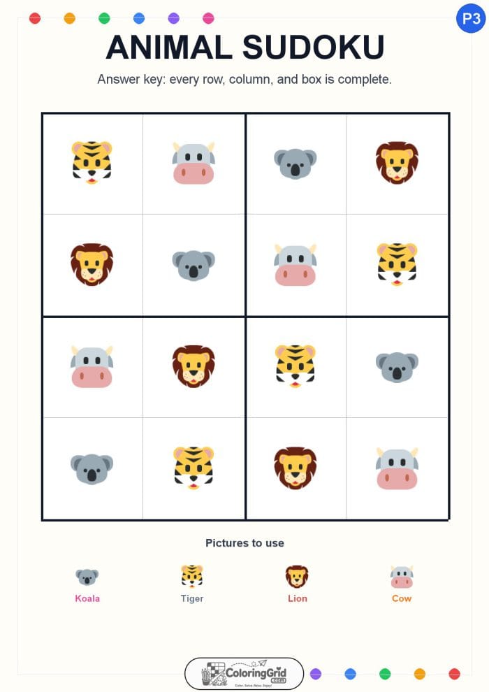 Animal Sudoku 4x4 Puzzle 003 - ANSWER