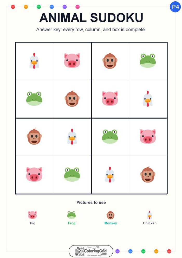 Animal Sudoku 4x4 Puzzle 004 - ANSWER