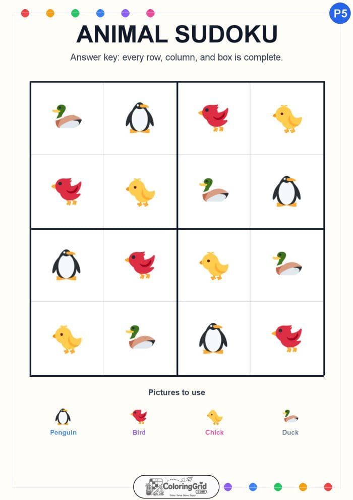 Animal Sudoku 4x4 Puzzle 005 - ANSWER