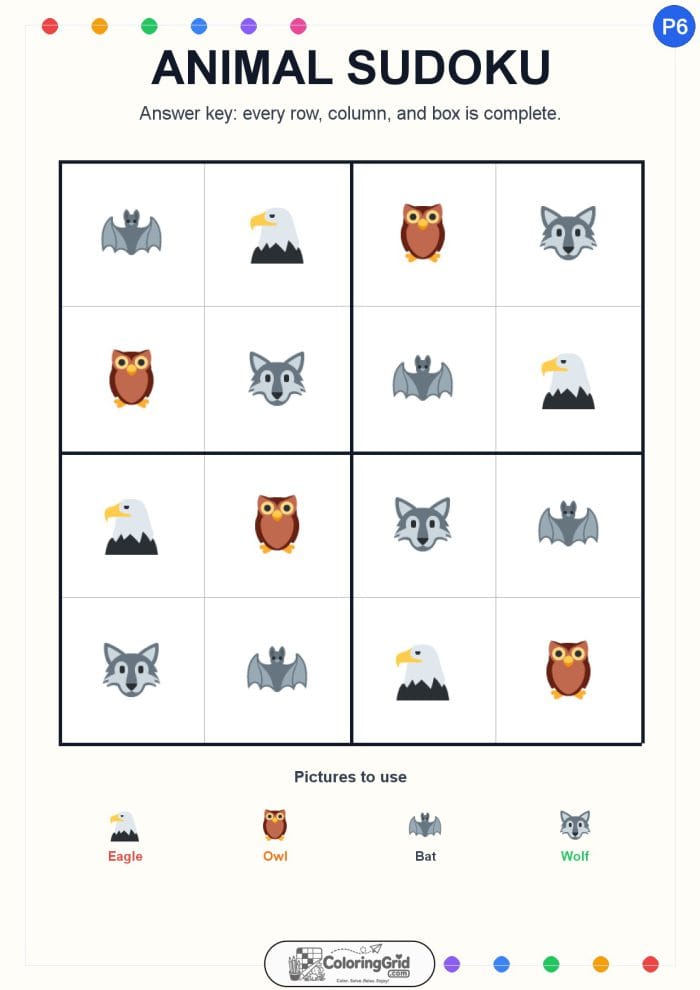 Animal Sudoku 4x4 Puzzle 006 - ANSWER