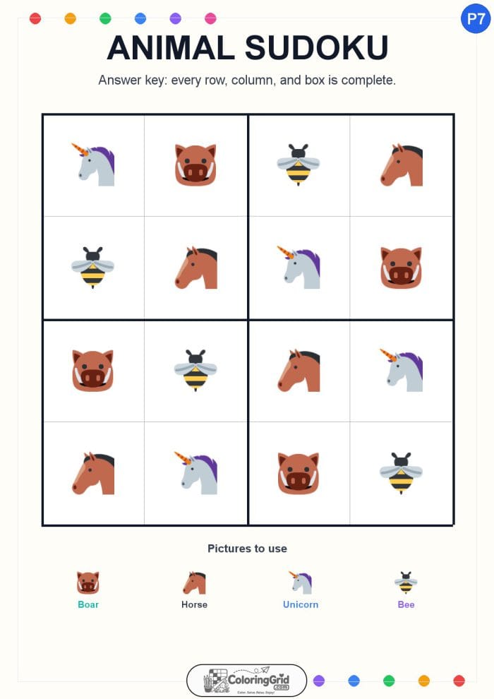Animal Sudoku 4x4 Puzzle 007 - ANSWER
