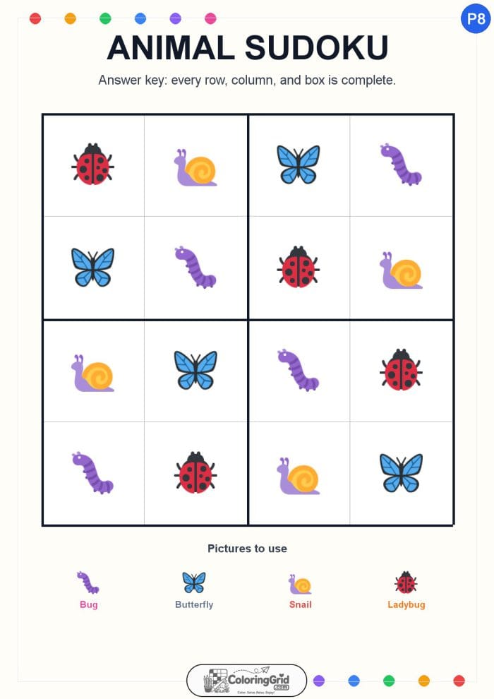 Animal Sudoku 4x4 Puzzle 008 - ANSWER