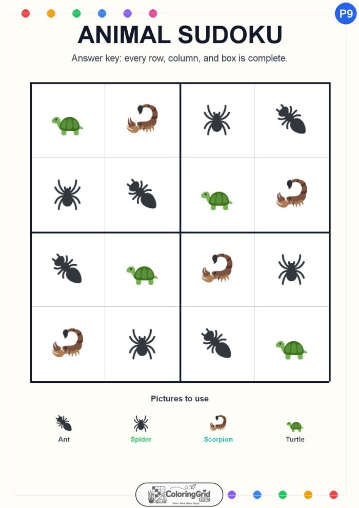 Animal Sudoku 4x4 Puzzle 009 - ANSWER
