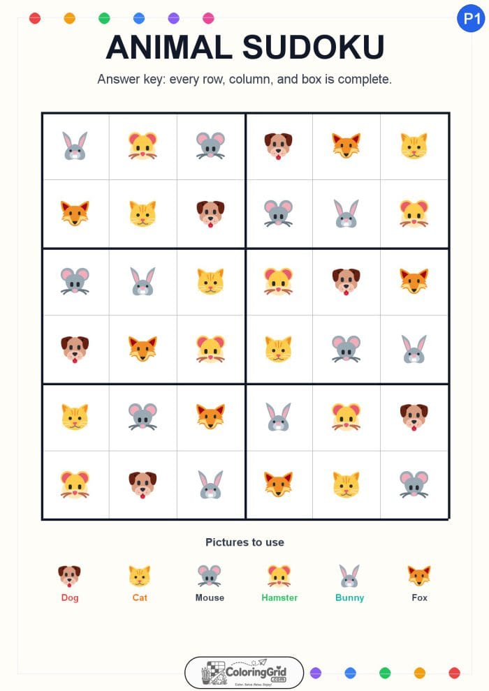 Animal Sudoku 6x6 Puzzle 001 - ANSWER