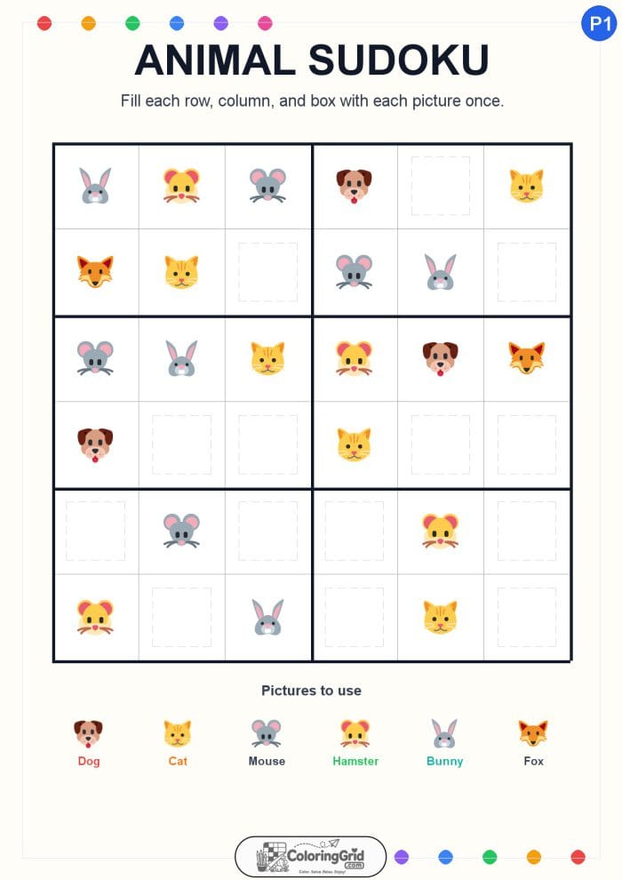 Animal Sudoku 6x6 Puzzle 001